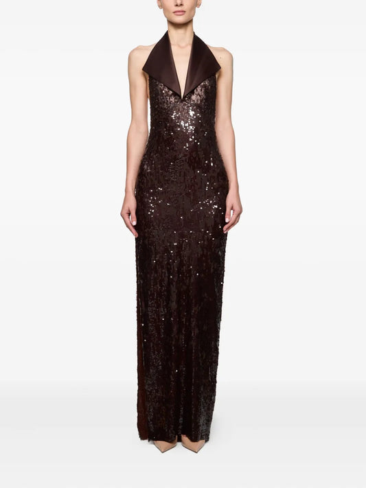 Atu Body Couture Halterneck Sequin Midi Dress — Brown — Size XS — Front View