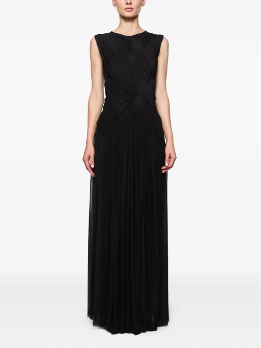 Atu Body Couture Cross Panel Pleated Maxi Dress — Black — Size XS — Front View