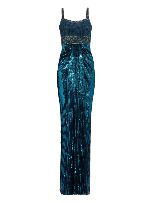 Jenny Packham Only You Embellished Sequin Maxi Dress — Blue — Size XS — Front View