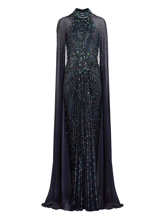 Jenny Packham Thea Embellished Cape Maxi Dress — Black — Size XS — Front View