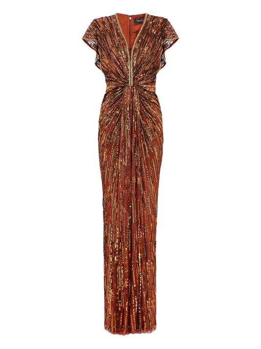 Jenny Packham Zola Sequin Embellished V Neck Maxi Dress — Same as shown — Size XS — Front View
