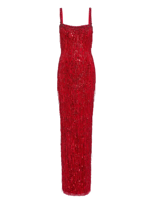 Jenny Packham Sequin Embellishments Fringe Detail Maxi Dress — Red — Size L — Front View