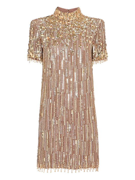 Jenny Packham Snapdragon Sequin Embellished Mini Dress — Taupe — Size S — Front View