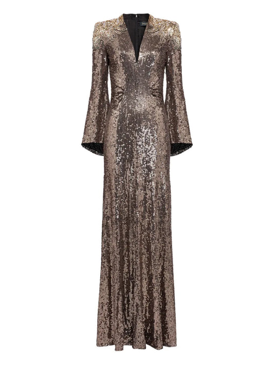 Jenny Packham Sequin Embellished Bell Sleeve Maxi Dress — Brown — Size S — Front View