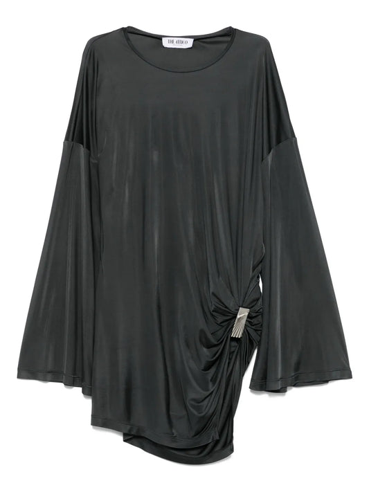 The Attico Draped Bell Sleeve Asymmetric Dress — Grey — Size XS — Front View