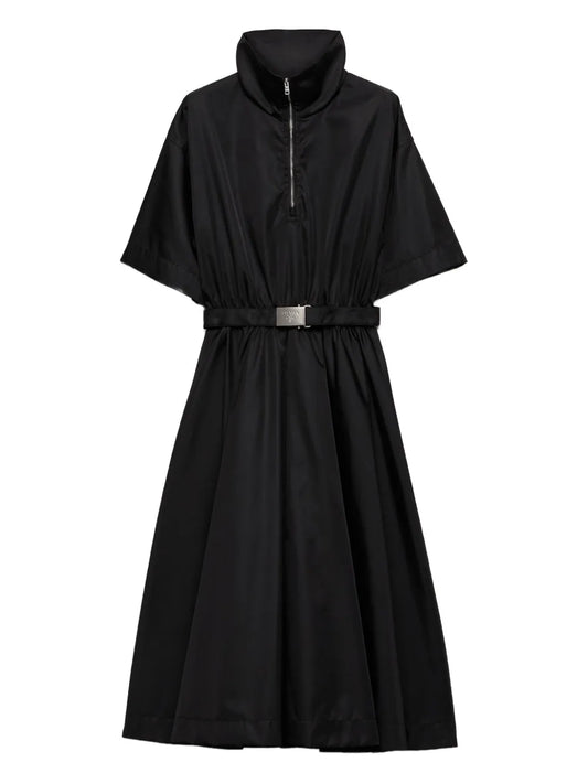 Prada Re Nylon Belted Midi Dress — Black/ Tan — Size XS — Front View