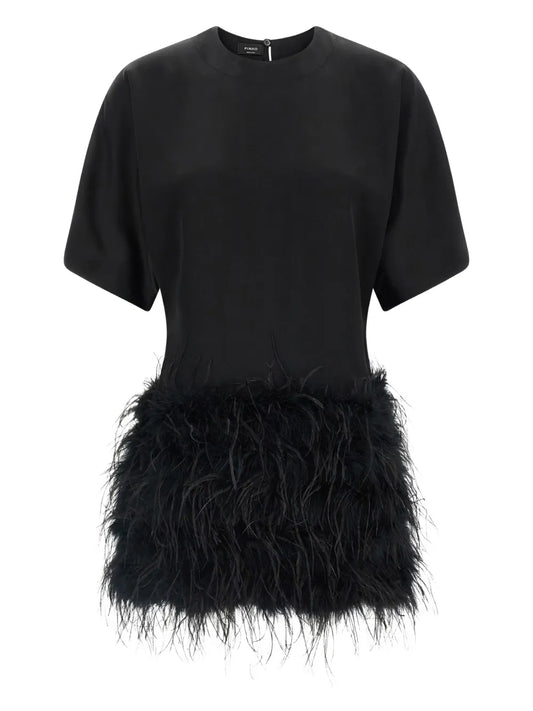 Pinko Feather Trimmed Dress — Black/ Pink — Size XS — Front View