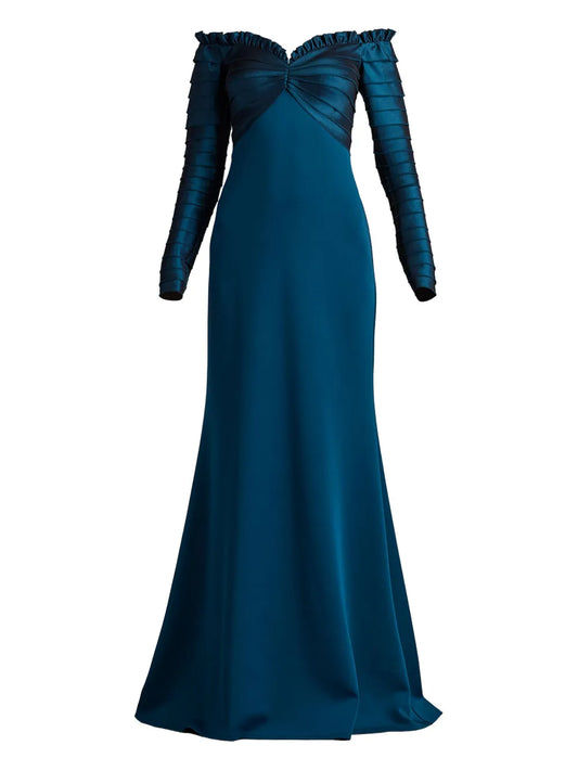 Tadashi Shoji Ruffled Long Sleeve Maxi Dress — Blue — Size XS — Front View