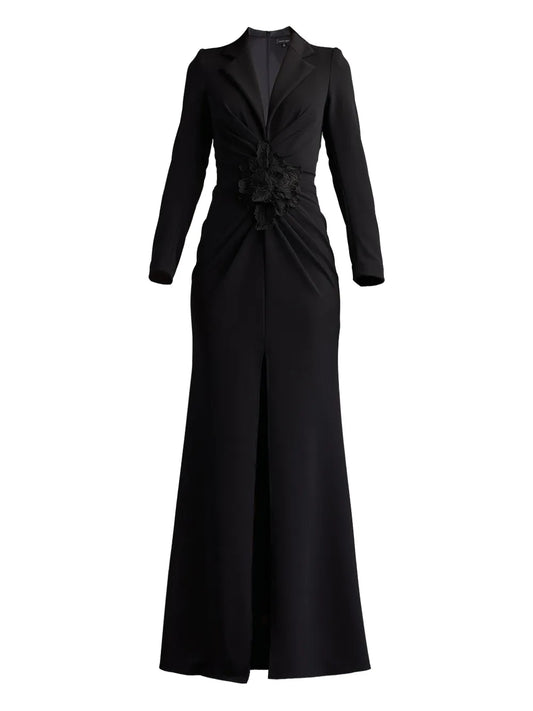 Tadashi Shoji Flower Embellished V Neck Gown — Black — Size XS — Front View