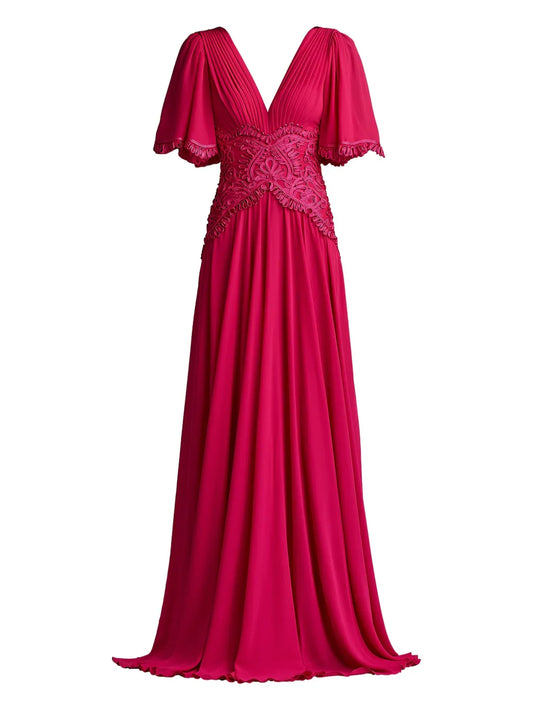 Tadashi Shoji Indira Embroidered Maxi Dress — Red/ Pink — Size XL — Front View