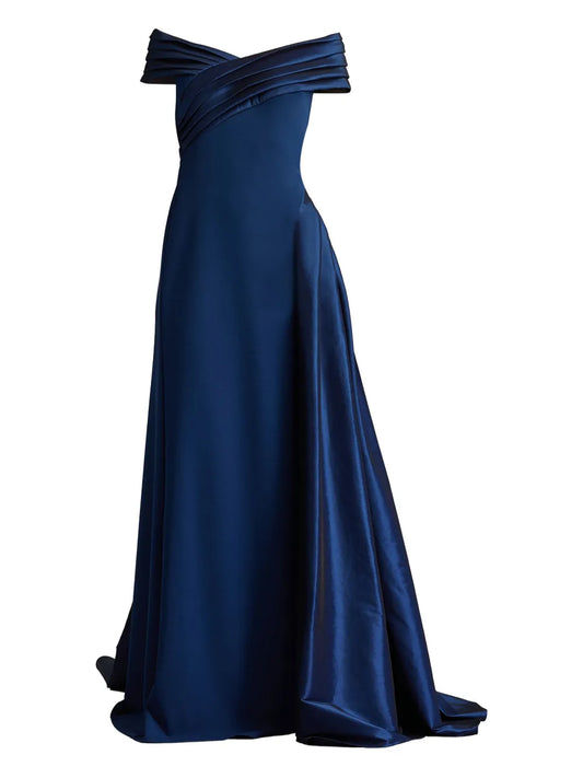 Tadashi Shoji Pleated Off Shoulder Maxi Dress — Blue/ Navy — Size XS — Front View