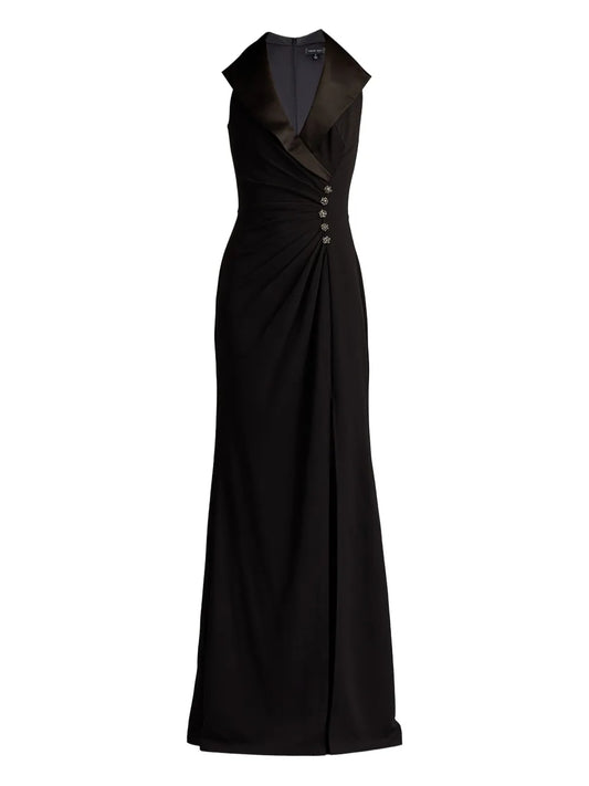 Tadashi Shoji Satin Collar Embellished Gown — Black — Size XS — Front View