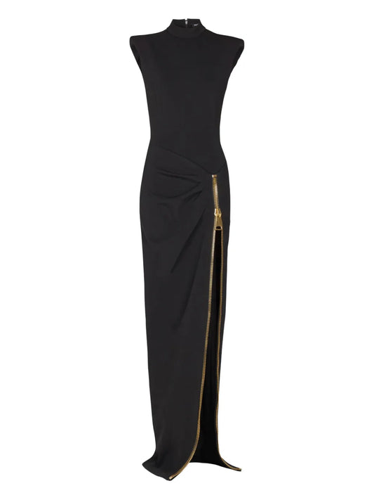 Balmain Zip Detail Shoulder Pad Maxi Dress — Black — Size XS — Front View