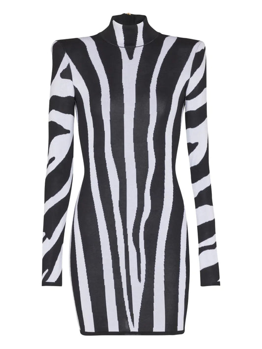 Balmain Zebra Intarsia High Neck Mini Dress — Black/ White — Size XS — Front View