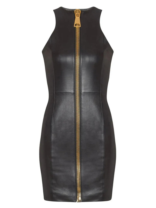 Balmain Leather Mini Dress — Black — Size S — Front View