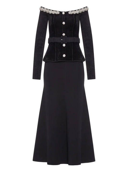 Self Portrait Crystal Embellished Chenille Belted Maxi Dress — Black/ Red — Size S — Front View