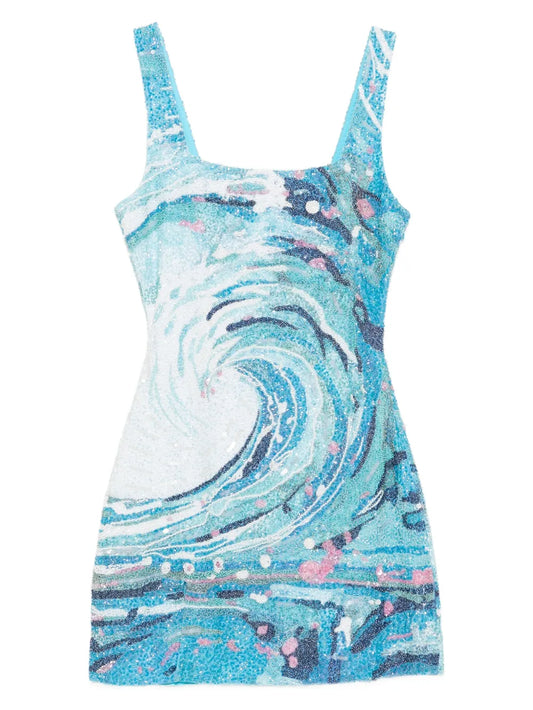 Staud Le Sable Tidal Wave Sequin Mini Dress — Blue — Size XS — Front View