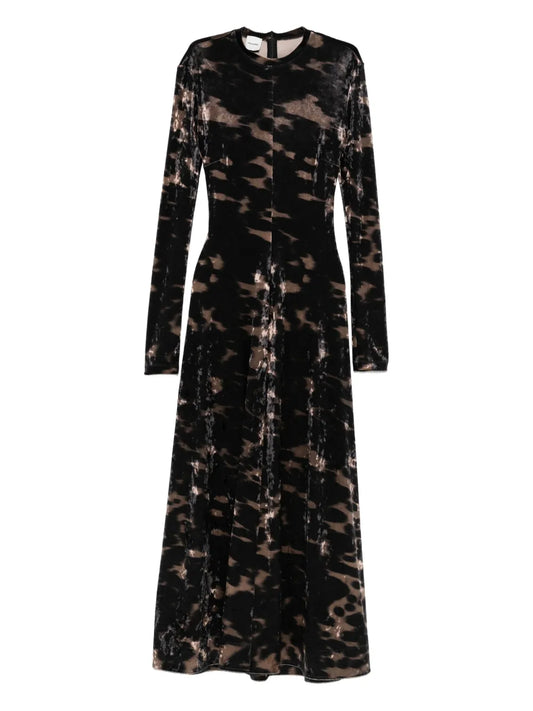 Nanushka Long Sleeved Tie Dye Velvet Dress — Black/ Brown — Size S — Front View