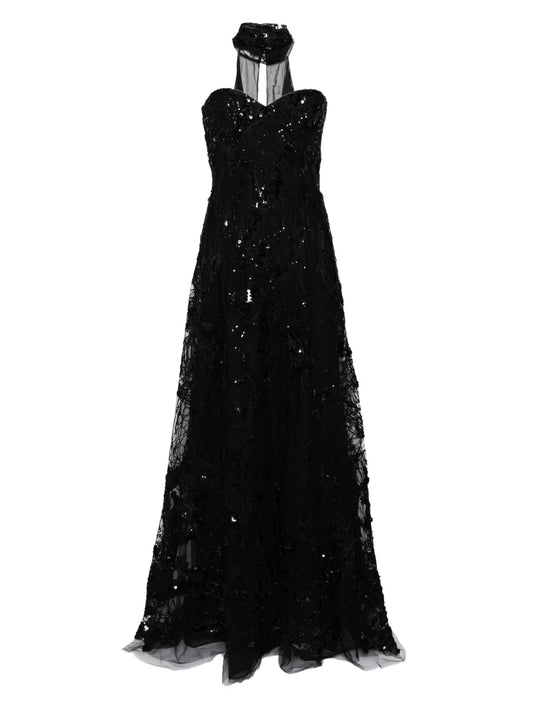 Saiid Kobeisy Embroidered Strapless Gown — Black/ Red — Size S — Front View