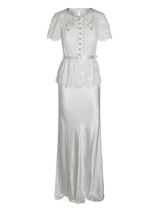 Self Portrait Embellished Peplum Lace Maxi Dress — White — Size XS — Front View