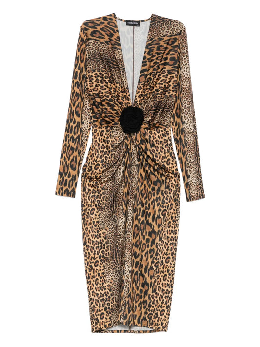 Roserry Leopard Print Midi Dress — Brown — Size XS — Front View