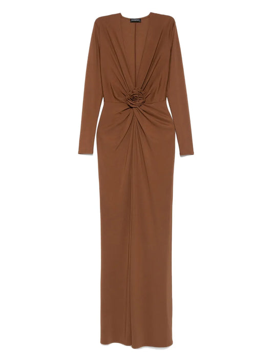 Roserry Rose Embellished Twist Front Midi Dress — Brown — Size XS — Front View