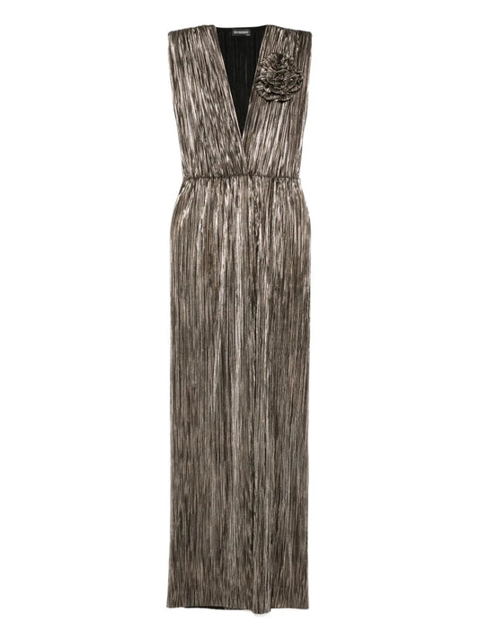Roserry Sleeveless V Neck Midi Dress — Gold — Size S — Front View
