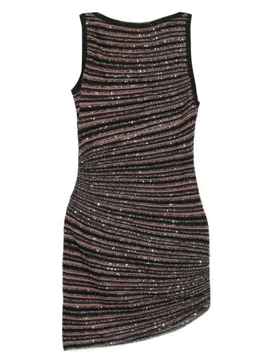 Missoni Sequin Striped Sleeveless Mini Dress — Black/ Brown — Size XL — Front View