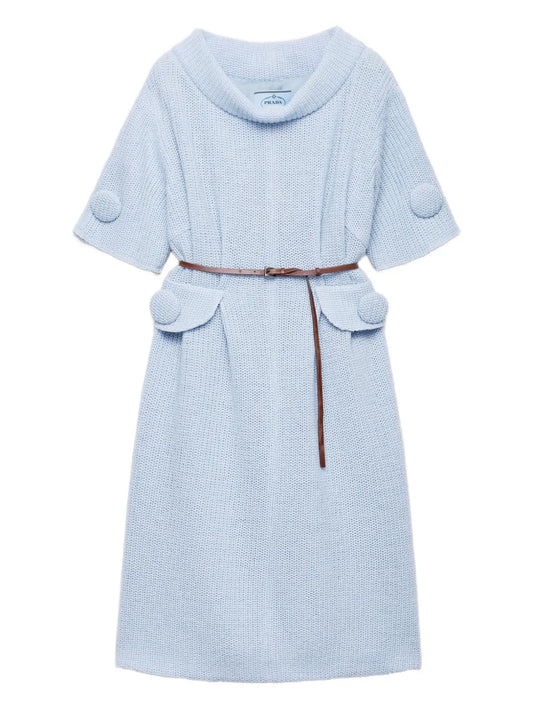 Prada Mouline Wool Knit Midi Dress — Blue — Size XS — Front View
