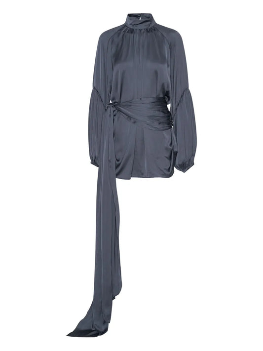 Rotate Birger Christensen Satin Tie Mini Dress — Blue — Size XS — Front View