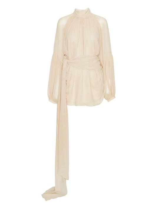 Rotate Birger Christensen Chiffon Strap Tie Mini Dress — Beige — Size XS — Front View