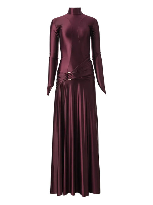 Moos Studio Plum Velvet High Neck Draped Maxi Dress — Gold — Size XS — Front View