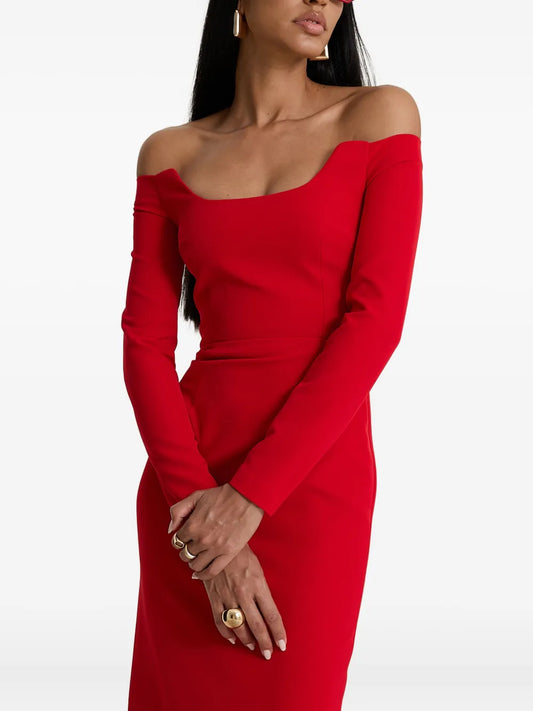 Moos Studio Red Salvage Off Shoulder Long Sleeve Maxi Dress — Red — Size XS — Front View