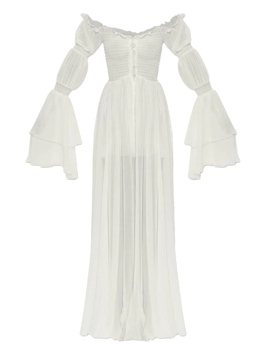 Blumarine Buttoned Silk Chiffon Dress — White/ Red — Size XS — Front View