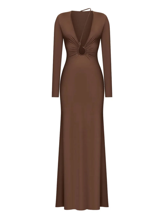 Korobeynikov Ring Detail Asymmetrical Maxi Dress — Brown — Size S — Front View