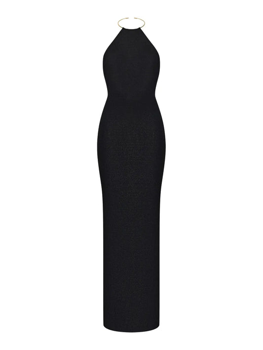 Korobeynikov Halterneck Backless Maxi Dress — Black/ Gold — Size XS — Front View