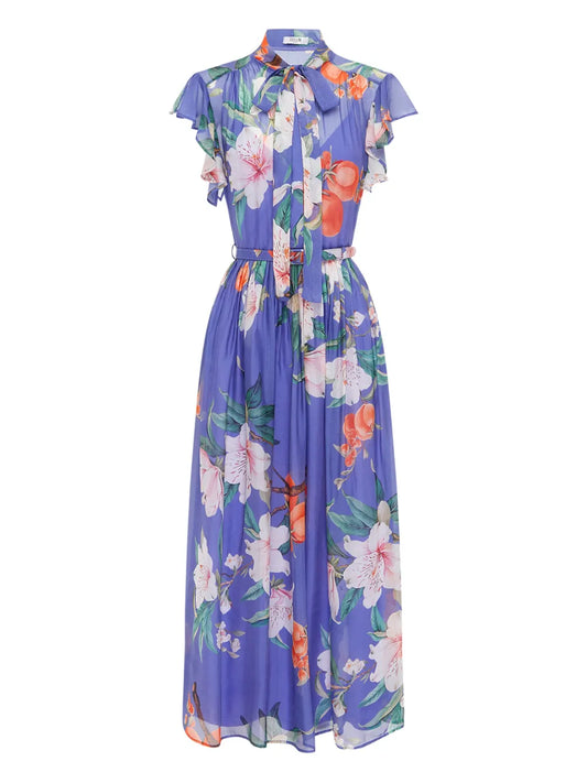 Leo Lin Floral Print Belted Maxi Dress — Blue/ Red — Size S — Front View
