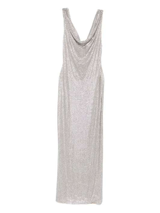 Giuseppe Di Morabito Cowl Neck Sequin Dress — Silver — Size S — Front View