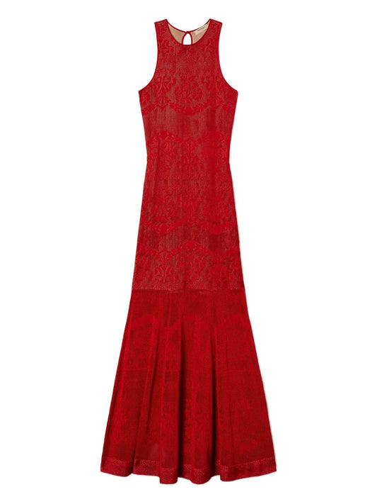 Twinset Openwork Knit Maxi Dress — Red — Size XS — Front View