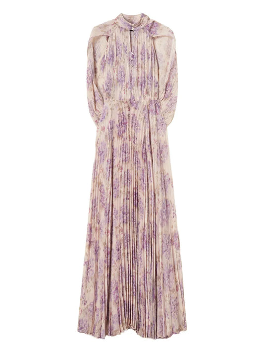 Twinset Pleated Floral Print Dress — Beige — Size XS — Front View