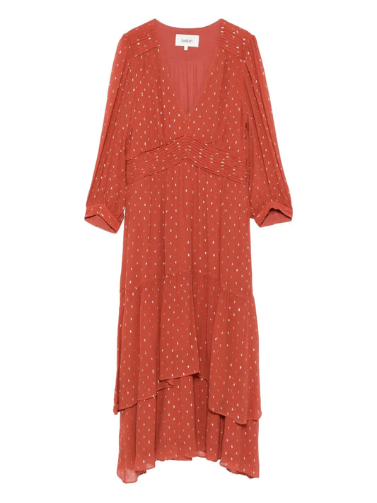 Bash Maia Metallic Dot Tiered Midi Dress — Brown/ Red — Size XS — Front View