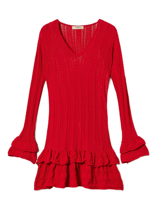 Twinset Knitted Ruffled Mini Dress — Red — Size XS — Front View