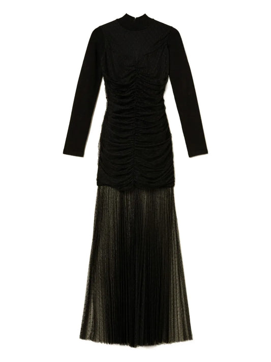Twinset Pleated Tulle Knitted Dress — Black/ Red — Size S — Front View