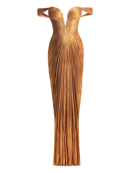 Maria Lucia Hohan Martina Pleated Off Shoulder Gown — Gold — Size XS — Front View