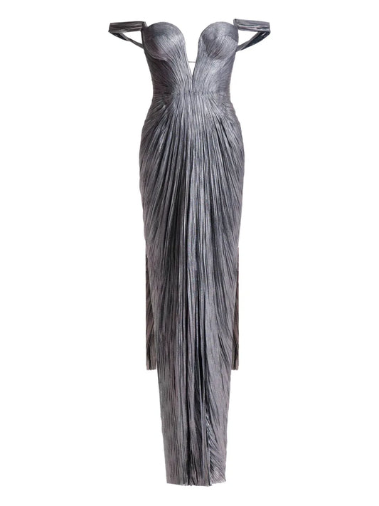 Maria Lucia Hohan Pleated Off Shoulder Maxi Dress — Grey — Size S — Front View