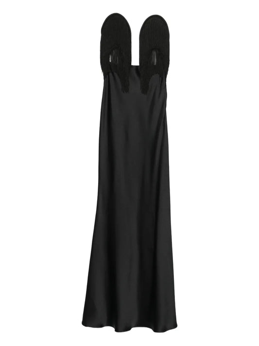 Nissa Fringe Embellished Maxi Dress — Black — Size XS — Front View