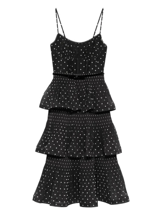 Zimmermann Pleated Polka Dot Midi Dress — Black/ Red — Size XS — Front View