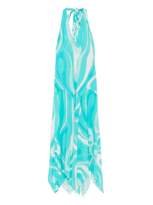 Pucci Marmo Print V Neck Asymmetric Dress — Blue — Size XS — Front View