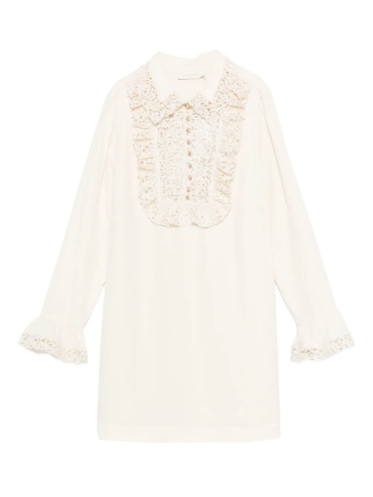 Zimmermann Ruffle Trim Mini Dress — White/ Gold — Size XS — Front View