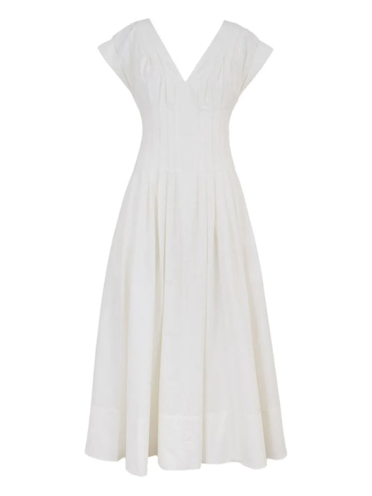 Simkhai Nina V Neck Pleated Midi Dress — White — Size XS — Front View